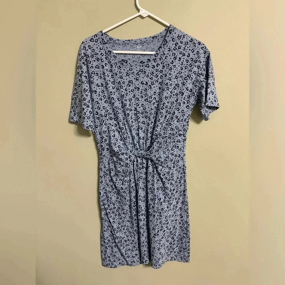Aerie Leopard Print Twist Front Blue T-Shirt Dress Size Small Animal Casual